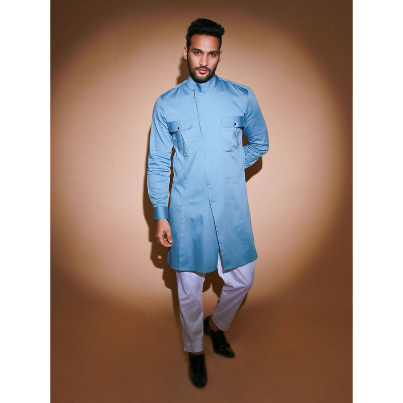 Echke Blue Stand Collar Kurta with White Narrow Pant (Set of 2) (S)