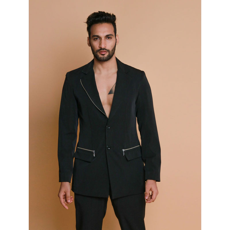 Echke Black Jacket with Zippers and Narrow Fitted Pants (Set of 2) (S)