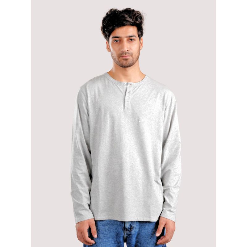 roar for good Organic Cotton Henley Full Sleeve T-Shirt - Light Grey Melange (S)