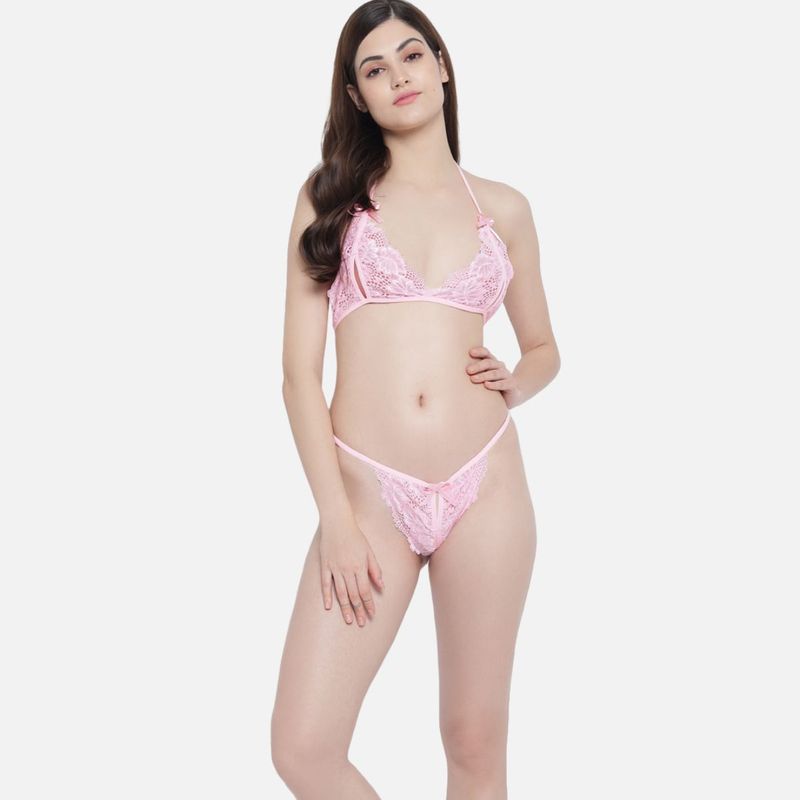 Secrets by Zerokaata Women Pink Lace Lingerie Set (XL)