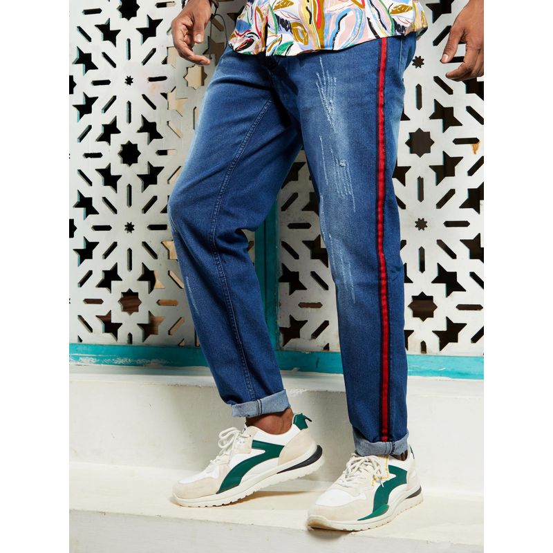 Campus Sutra Mens Navy Blue Contrast Side-Striped Denim Jeans (36)