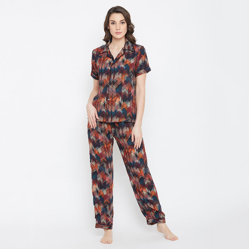 Clovia Button Me Up Shirt & Pyjama Set in Multicolour- Crepe (XXL)