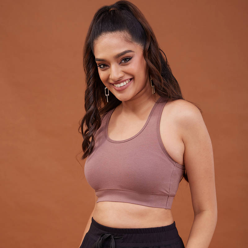 Nykd By Nykaa Cotton Stretch Slip On Sports Bra with Removable Cups NYK059 Nutmeg (XL)