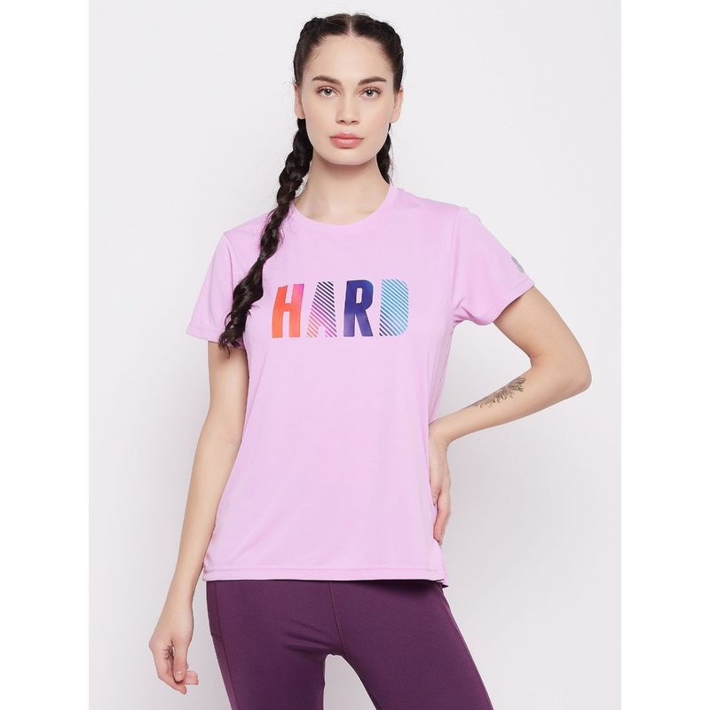Clovia Comfort Fit Text Print Active T-Shirt in Lilac Purple (S)