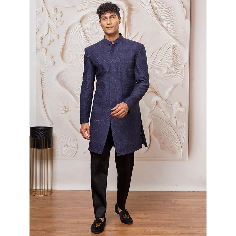 Vastramay Men's Silk Blend Glitter Indo Western Sherwani and Pant (Set of 2) (S)