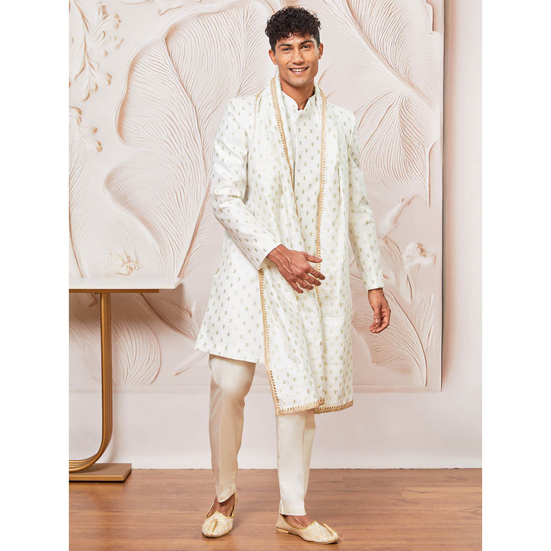Vastramay Men's Silk Blend Woven Design Sherwani with Pant and Dupatta (Set of 3) (38)