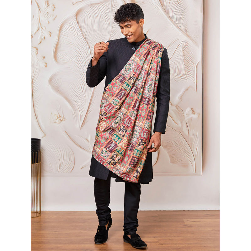 Vastramay Men's Silk Blend Woven Sherwani Solid Kurta with Churidar and Dupatta (Set of 4) (36)