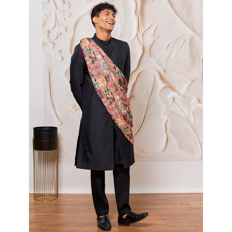 Vastramay Men's Silk Blend Woven Textured Sherwani with Pant and Dupatta (Set of 3) (36)
