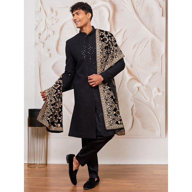 Vastramay Men's Rayon Schiffli Embroidered Sherwani with Pant and Dupatta (Set of 3) (42)