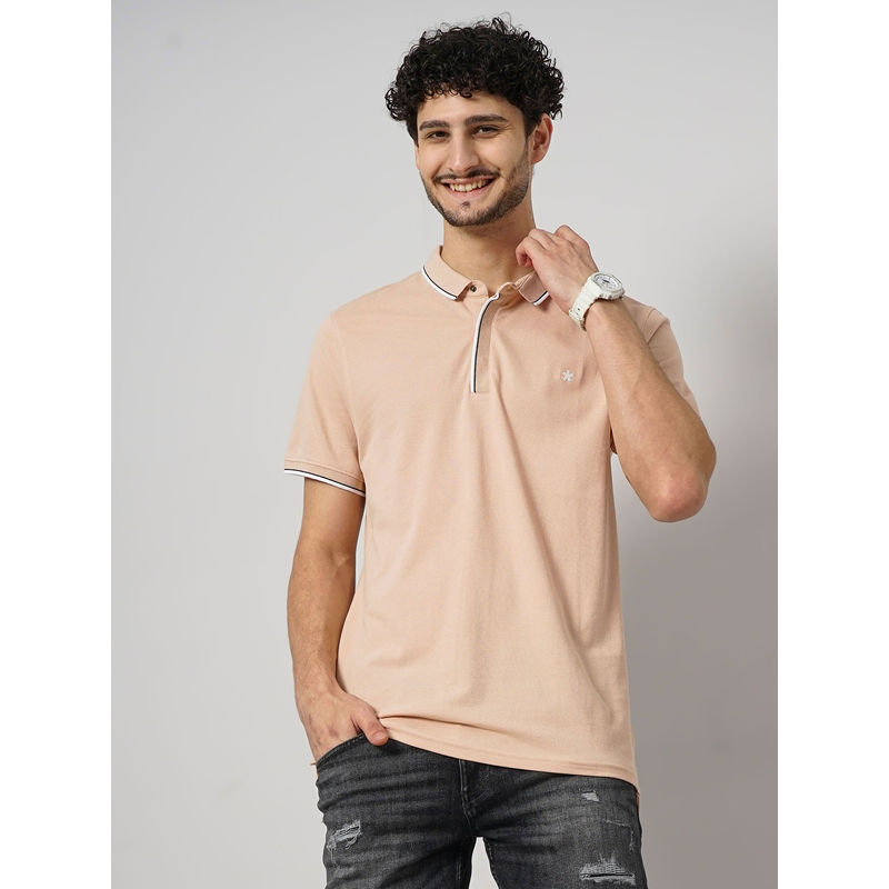 CELIO Solid Peach Half Polo Collar T-shirt (XL)