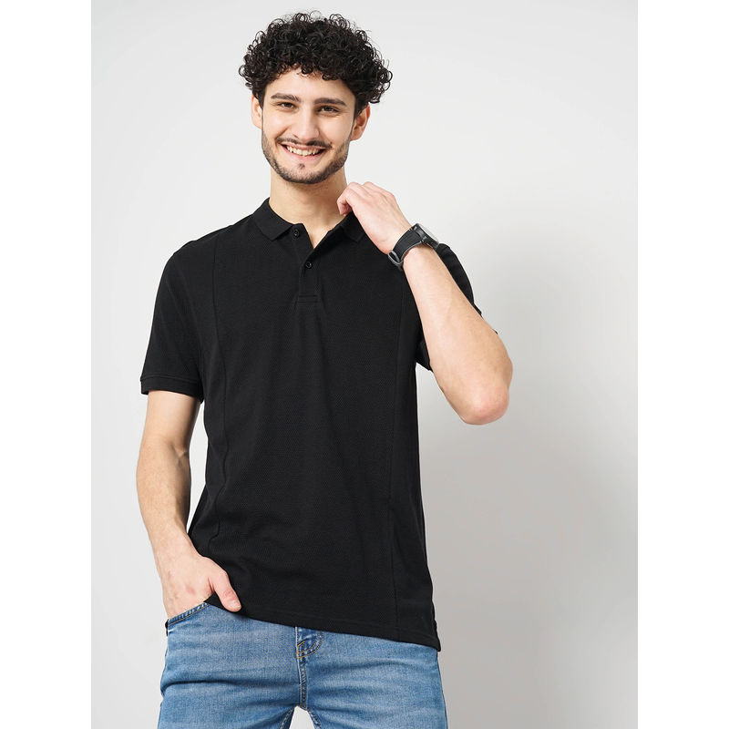 CELIO Solid Black Half Polo Collar T-shirt (S)