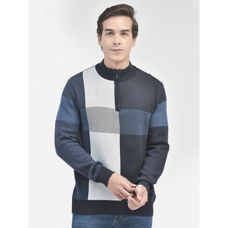 CRIMSOUNE CLUB Mens Navy Blue Colourblocked Cotton Sweater (3XL)