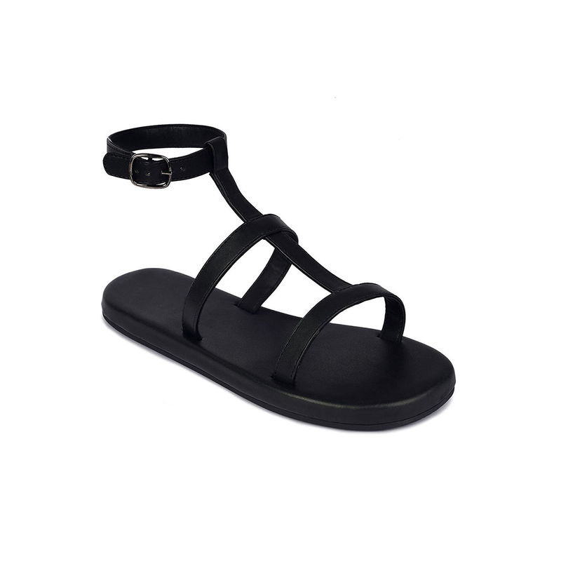 Paaduks Saba T-Strap Vegan Leather Black Sandals (UK 4)