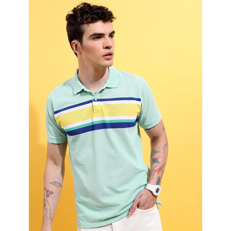 HIGHLANDER Men Green Stripes Polo T-Shirt (L)