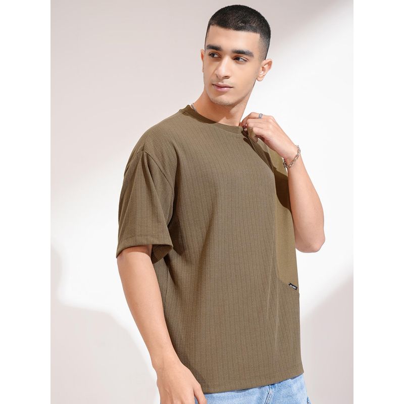 HIGHLANDER Men Olive Textured T-Shirt (L)