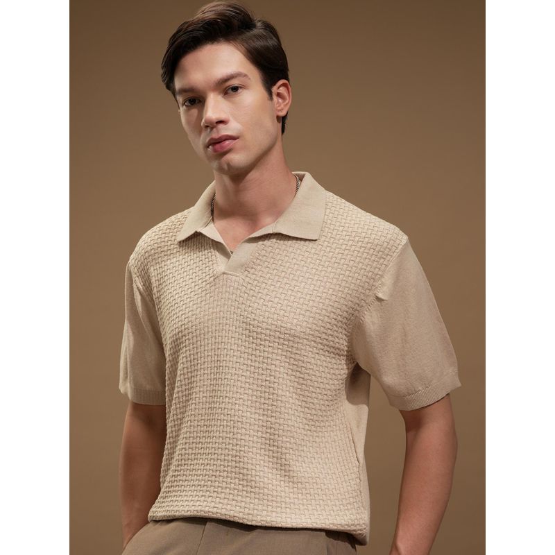 HIGHLANDER Men Beige Textured Polo T-Shirt (L)