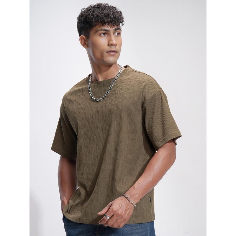 HIGHLANDER Men Khaki Textured T-Shirt (L)