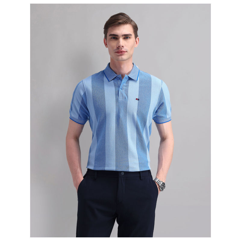 AD By Arvind Vertical Striped Modern Slim Polo T-Shirt Blue (M)