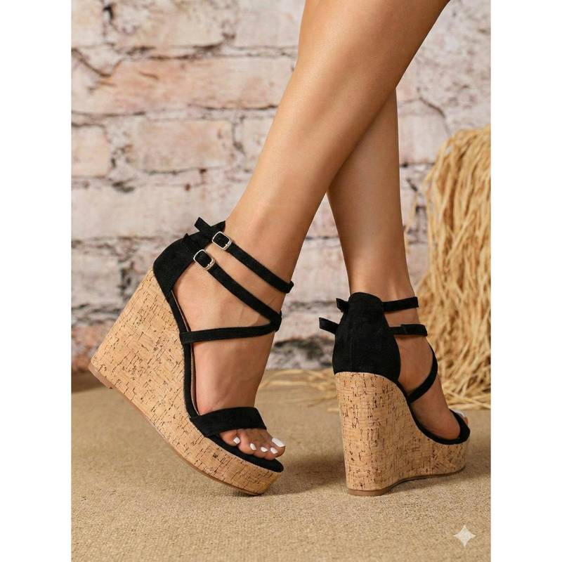 IRUSSH Women Black Duo Buckle Suede Cork Wedges (EURO 35)
