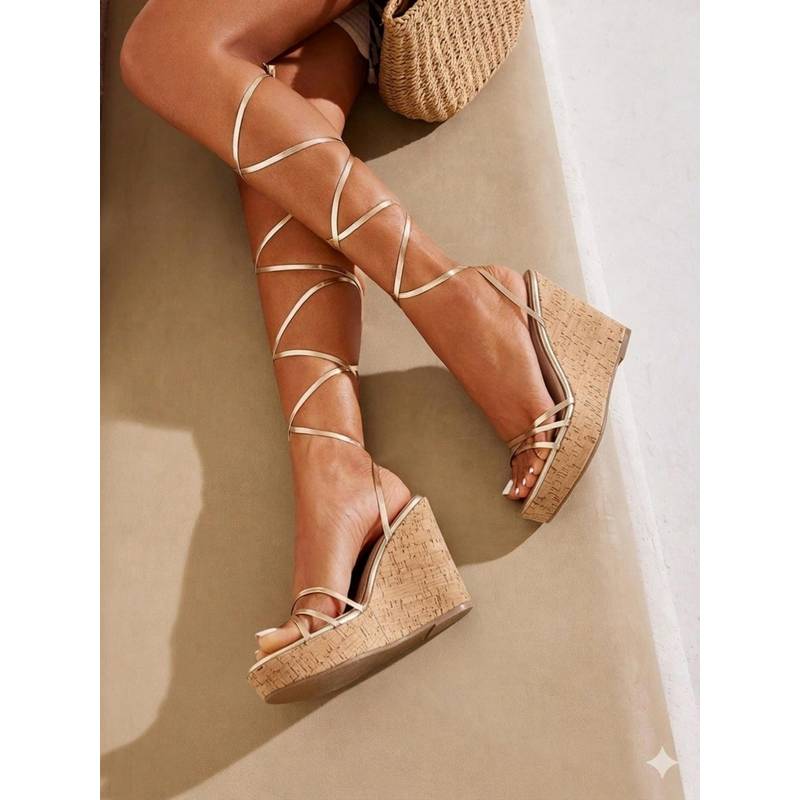 IRUSSH Women Summer Chic Gold Tie-Up Cork Gladiator Wedges (EURO 35)