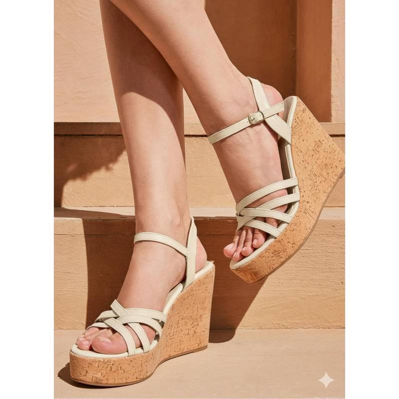 IRUSSH Women Cream Intricate Strap Cork Wedges (EURO 35)
