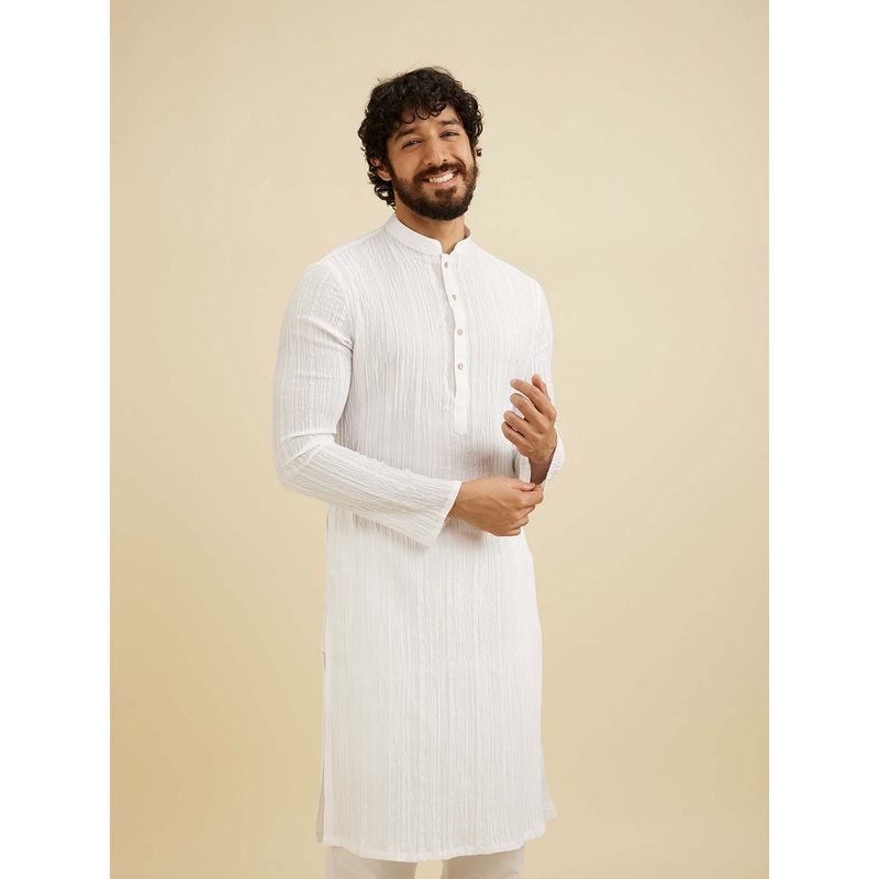 Manyavar White Spandex Self Design Kurta (M)