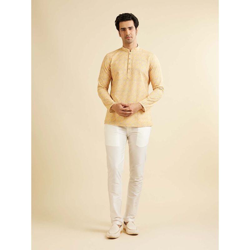 Manyavar Yellow Cotton Blend Chikankari Printed Short Kurta (M)