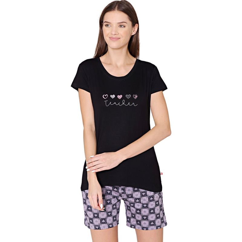 Bodycare Womens Modal Printed Night Suit of T-Shirt & Shorts -BSSS17505 Black (Set of 2) (M)