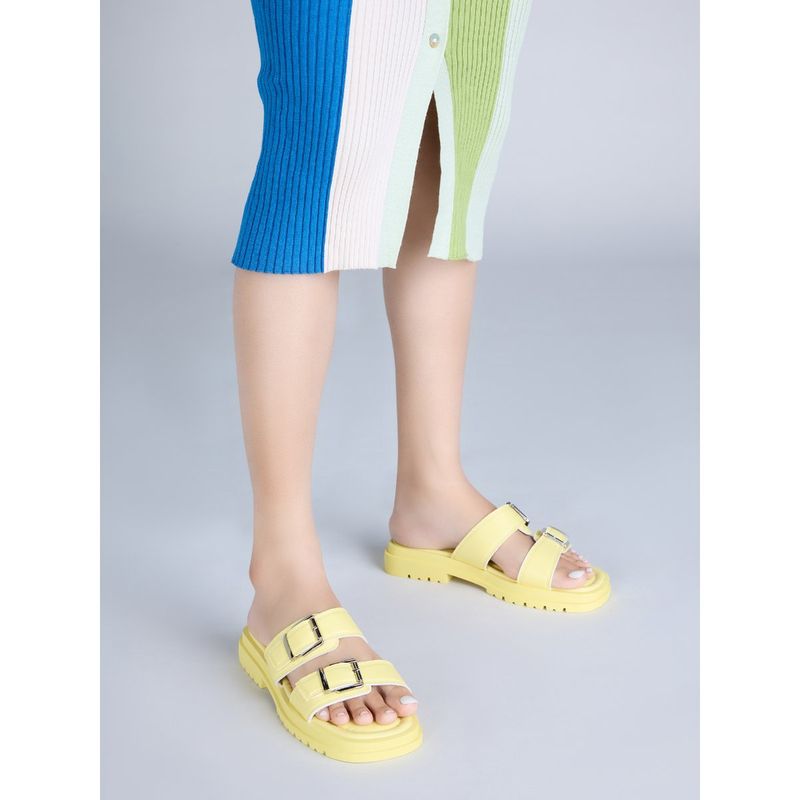 Twenty Dresses by Nykaa Fashion Yellow Solid Buckle Strap Sliders (EURO 36)