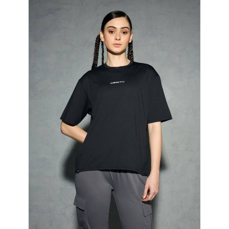 Technosport Women Black Solid Boxy Fit Round Neck Cotflex Sports T-Shirt (M)