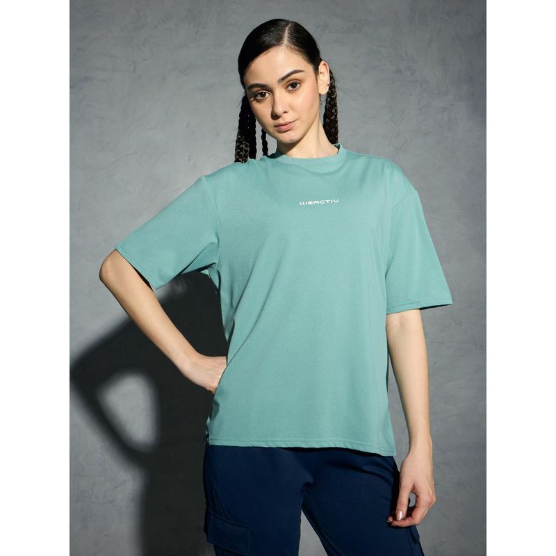 Technosport Women Green Solid Boxy Fit Round Neck Cotflex Sports T-Shirt (M)