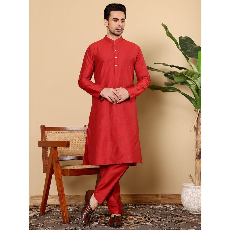 MULTI SHADES Men Red Straight Viscose Silk Kurta (XS)