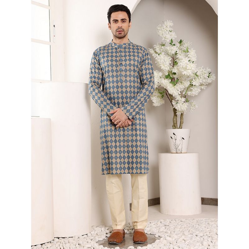 MULTI SHADES Men Elegant Printed Blue Straight Cotton Kurta (XS)