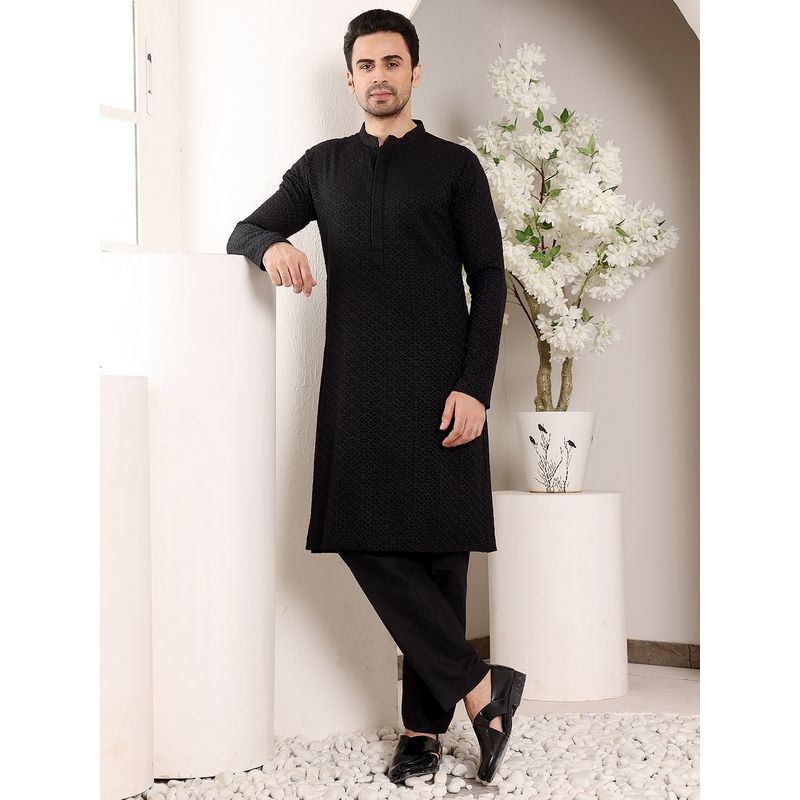MULTI SHADES Men’s Black Rayon Silk Straight Kurta (XS)
