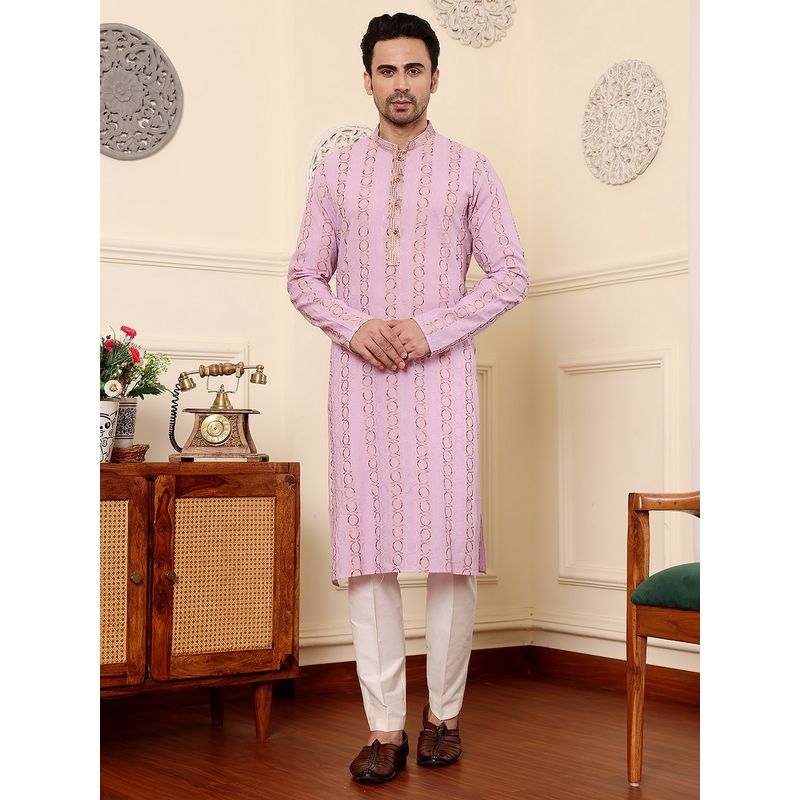 MULTI SHADES Men Elegant Pink Embroidery Straight Cotton kurta (XS)