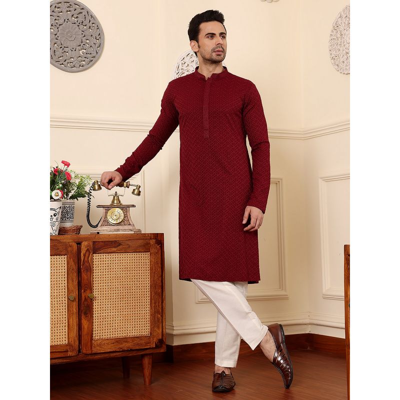 MULTI SHADES Men Rayon Silk Straight Classic Red Chikankari Kurta (XS)