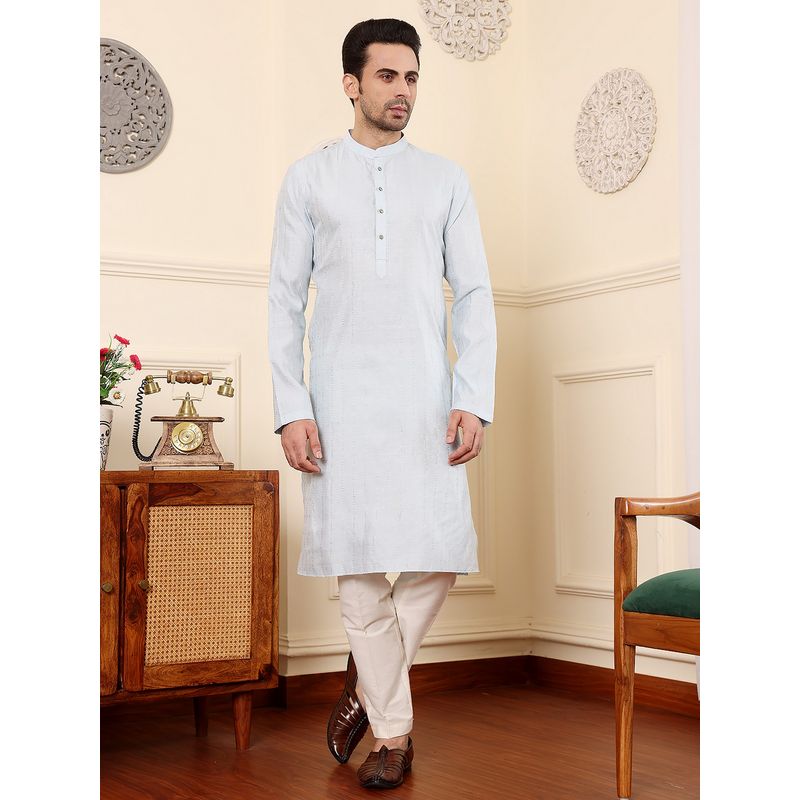 MULTI SHADES Men Light Blue Straight Viscose Silk with Textured Effect Kurta (S)