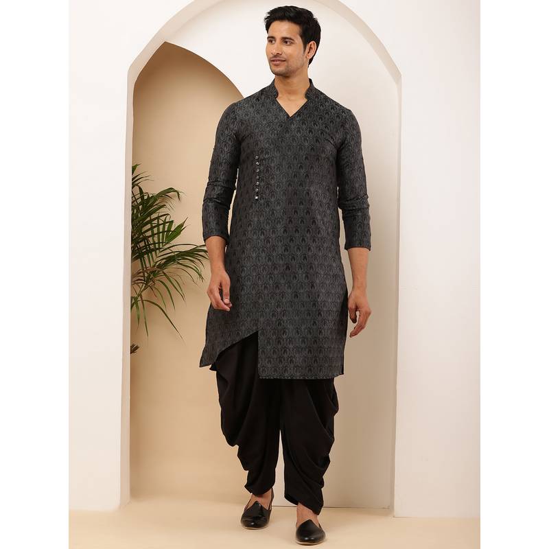 MULTI SHADES Men Black Textured Viscose Blend Long Kurta (L)