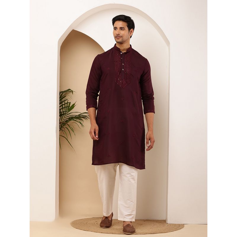 MULTI SHADES Men Maroon Straight Viscose Silk Kurta (XS)