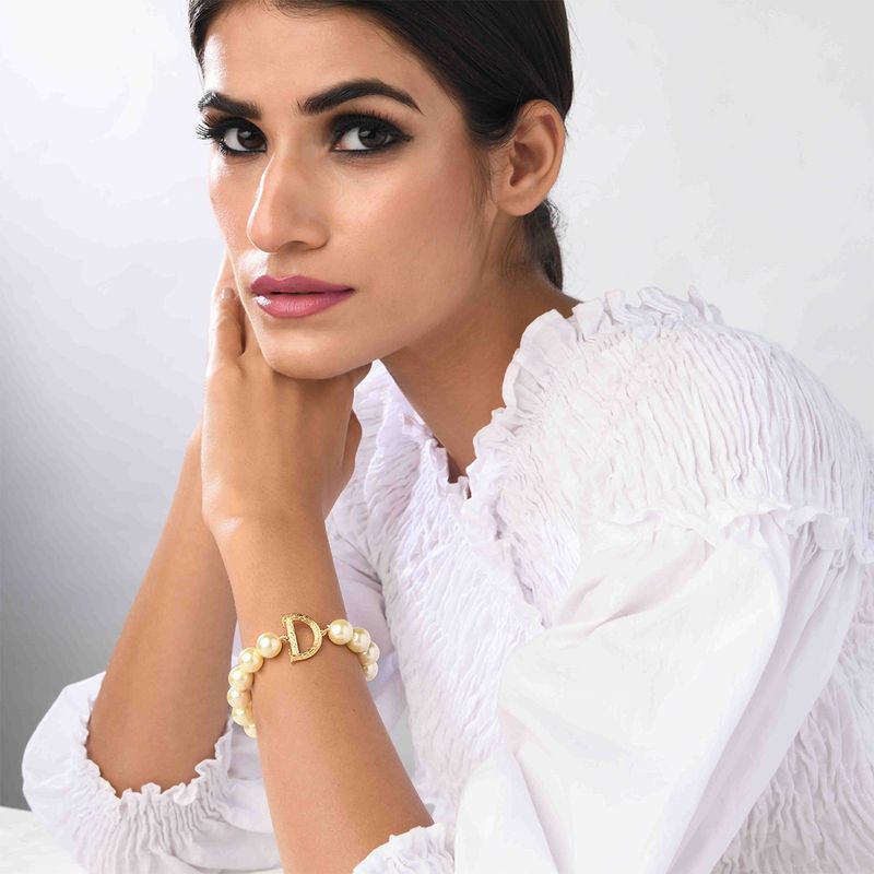 Elaa Initial Bracelet D with Ivory Pearl Buy Elaa Initial Bracelet D