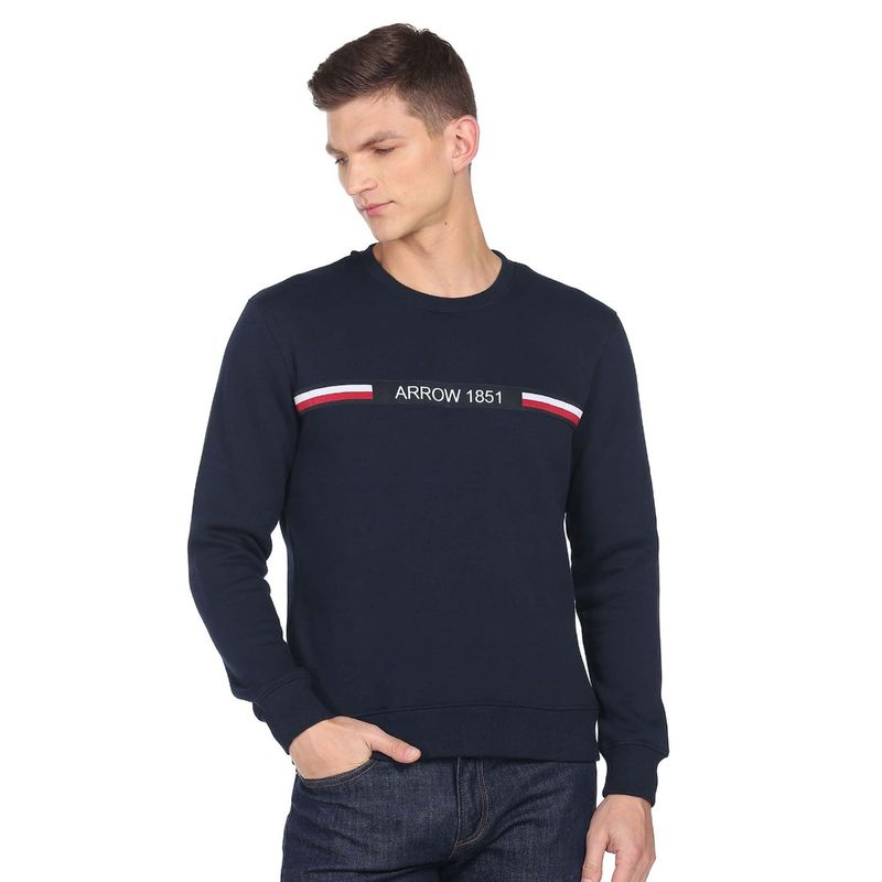 Arrow Sports Men Navy Blue Brand Taped Solid Sweatshirt (M)