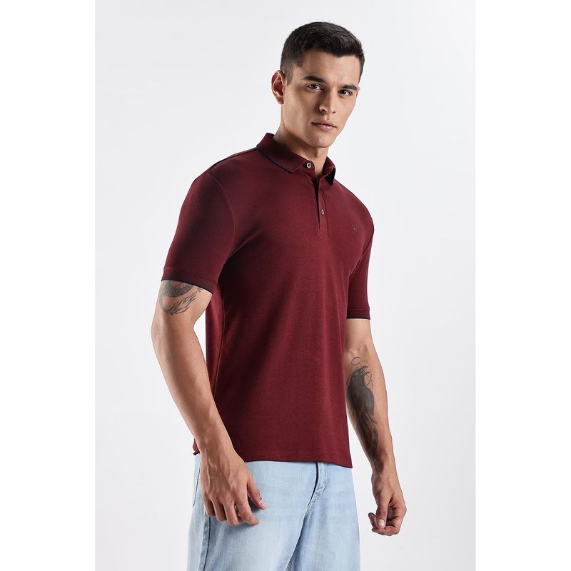 TURMS Mens Solid Modal Collar Stain Cotton Wine Polo T-Shirt (S)