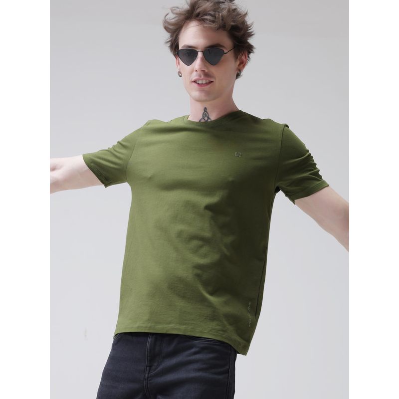 TURMS Mens Solid Crew Neck Half Sleeves Olive T-Shirt (S)