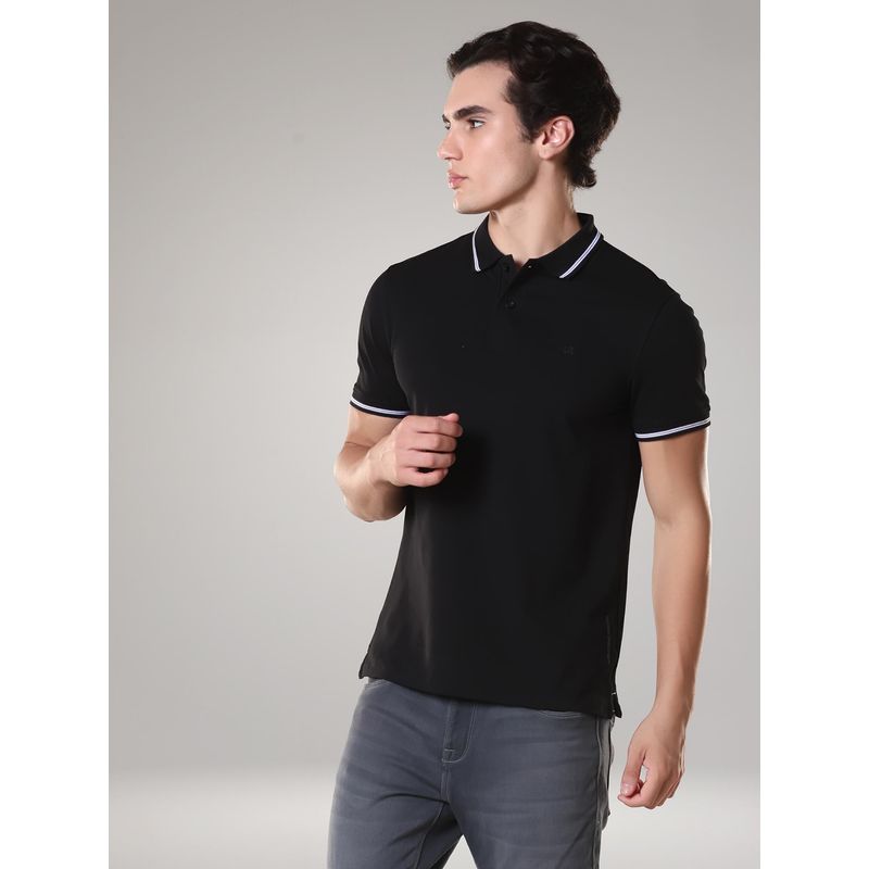TURMS Mens Solid Half Sleeves Casual Black Polo T-Shirt (S)