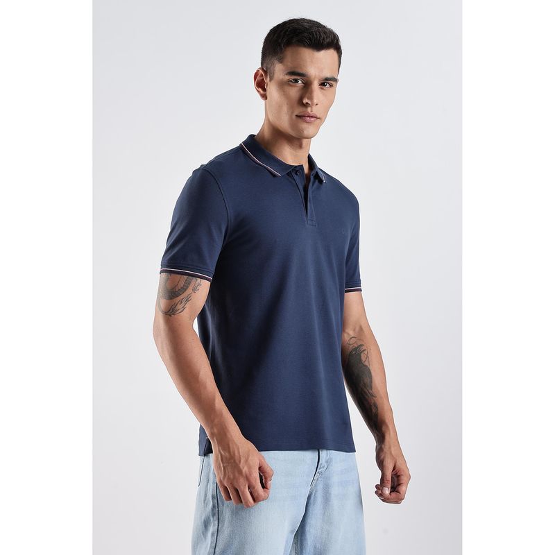 TURMS Mens Solid Half Sleeves Casual Navy Blue Polo T-Shirt (S)