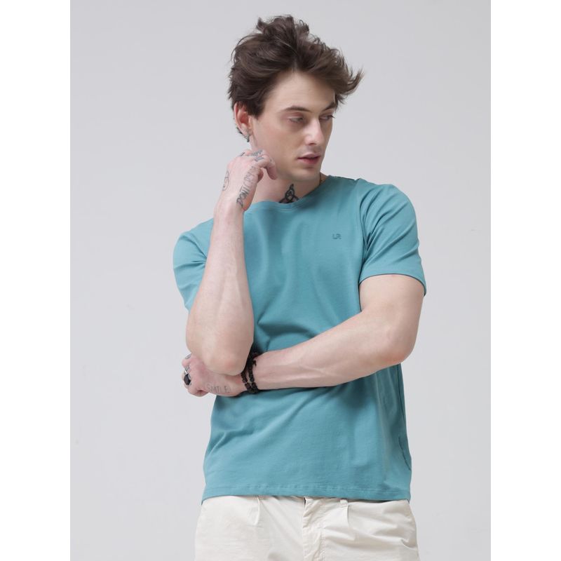 TURMS Mens Solid Crew Neck Half Sleeves Blue T-Shirt (S)