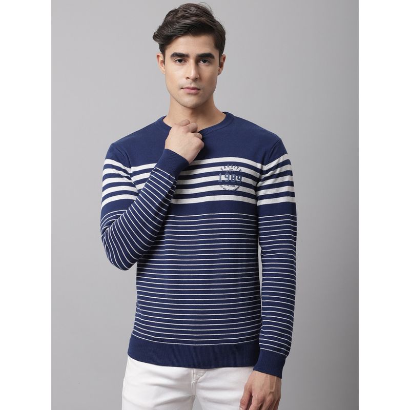 Cantabil Men Stripes Navy Blue Sweater (L)
