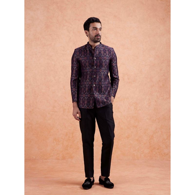 KISAH Men Multi Coloured Textured Silk Blend Jacquard Jodhpuri Bandhgala Trouser Set with Self Design (42)