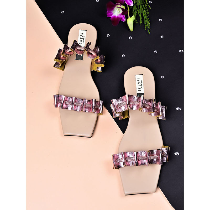 IRUSSH Memory Foam Metallic Pink Fringe Tunnel Flats (EURO 35)