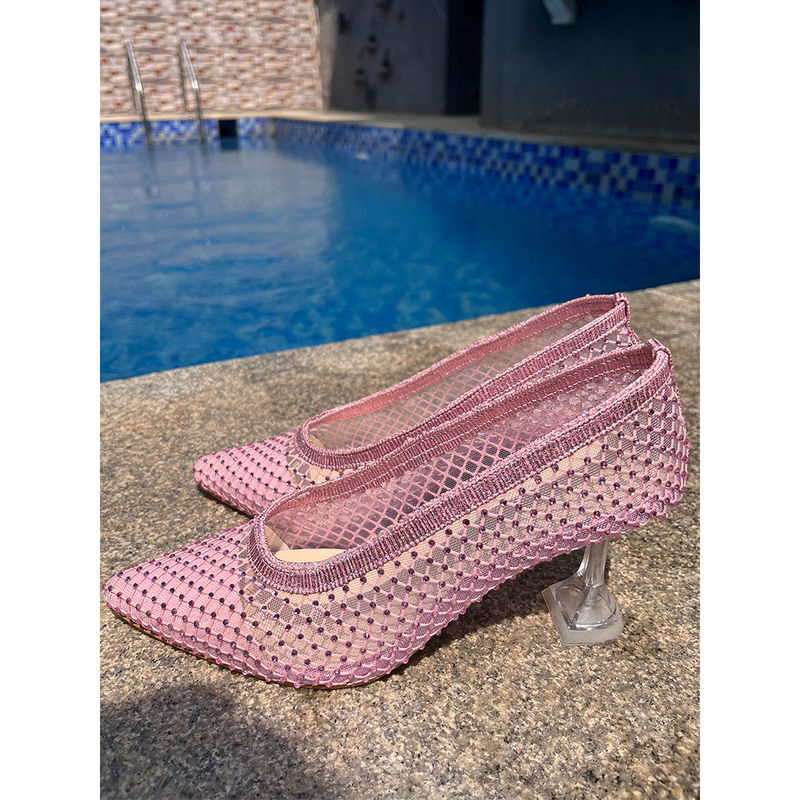 IRUSSH Embellished Pink Mesh Pumps Stilettos (EURO 35)